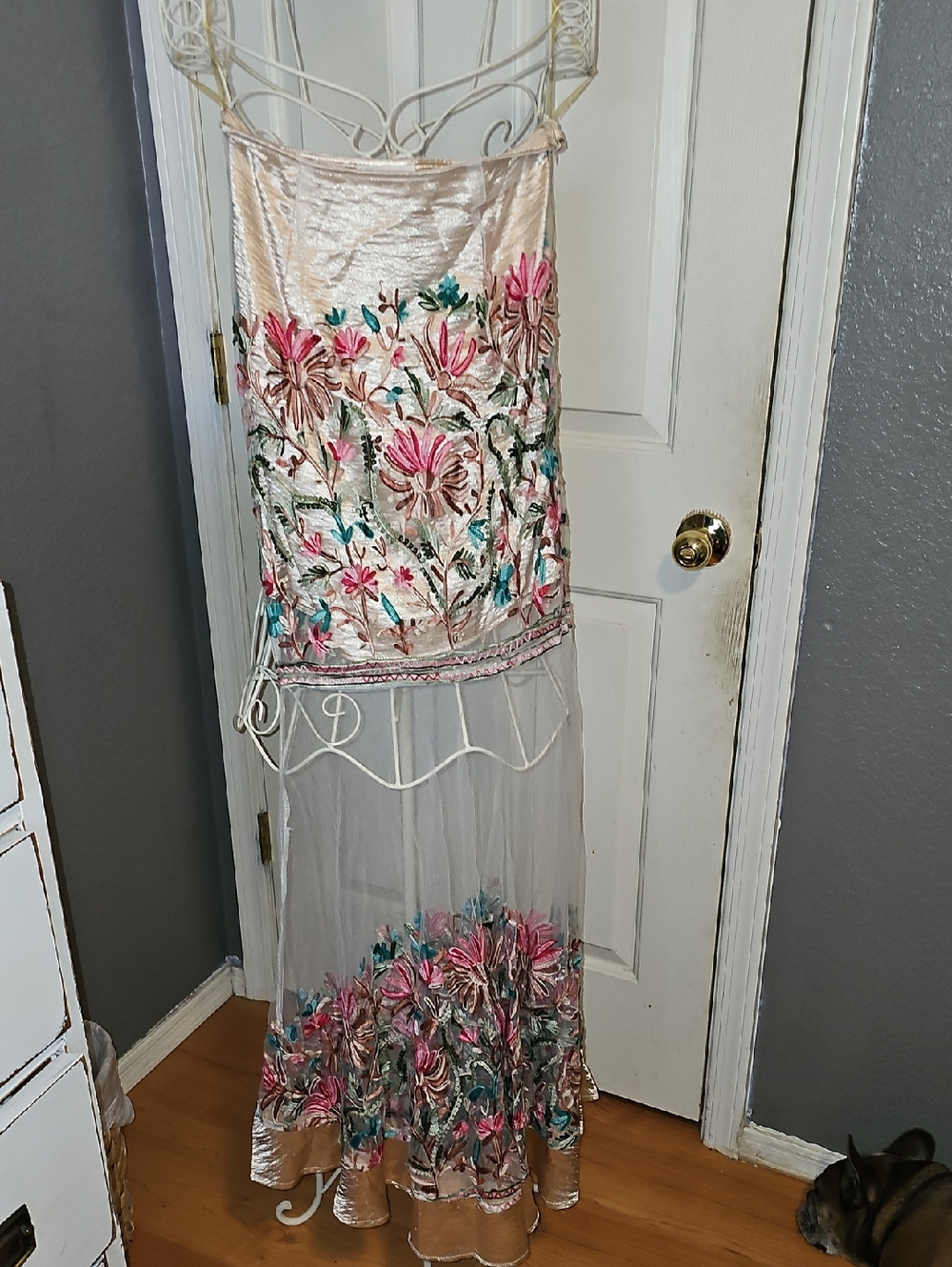 L'ATISTE Cream Maxi Skirt with Pink & Teal Floral Embroidery
